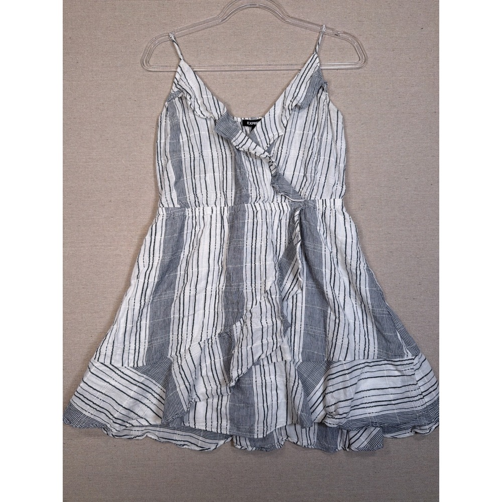 Express Blue White Striped Ruffle Mini Dress Surplice V-Neck Sleeveless L